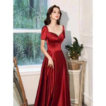 Elegant Burgundy Satin Evening Dresses 2021 A Line Princess Sash Scoop Neck Short Sleeve Backless Tea Length Evening Party Formal Dresses