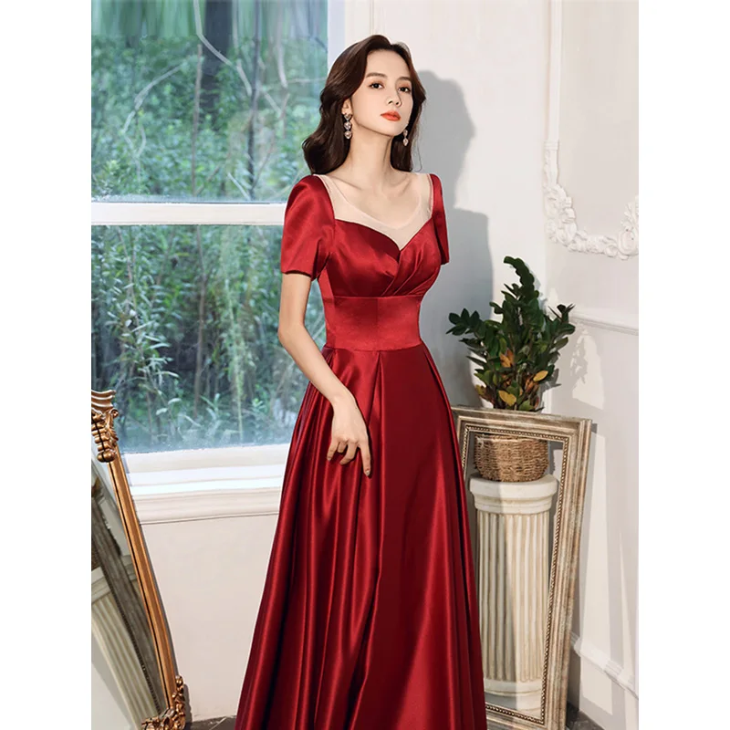 Elegant Burgundy Satin Evening Dresses 2021 A Line Princess Sash Scoop Neck  Short Sleeve Backless Tea Length Evening Party Formal Dresses
