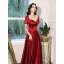 Elegant Burgundy Satin Evening Dresses  2021 A-Line / Princess Sash Scoop Neck Short Sleeve Backless Tea-length Evening Party Formal Dresses