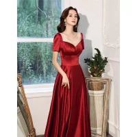 Elegant Burgundy Satin Evening Dresses  2021 A-Line / Princess Sash Scoop Neck Short Sleeve Backless Tea-length Evening Party Formal Dresses