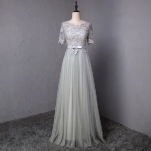 Affordable Grey Prom Dresses 2018 A Line Princess Bow Lace Flower Scoop Neck Short Sleeve Floor Length Long Formal Dresses