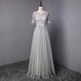 Abordable Gris Robe De Bal 2018 Princesse Noeud En Dentelle Fleur Encolure Dégagée Manches Courtes Longue Robe De Ceremonie