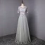 Abordable Gris Robe De Bal 2018 Princesse Noeud En Dentelle Fleur Encolure Dégagée Manches Courtes Longue Robe De Ceremonie