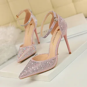 Charming Blushing Pink Evening Party Rhinestone Womens Shoes 2020 Beading Ankle Strap 10 Cm Stiletto Heels Pointed Toe Heels