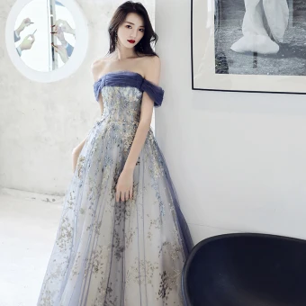 Elegant Ocean Blue Evening Dresses 2021 A Line Princess Off The Shoulder Beading Sequins Sleeveless Backless Floor Length Long Formal Dresses