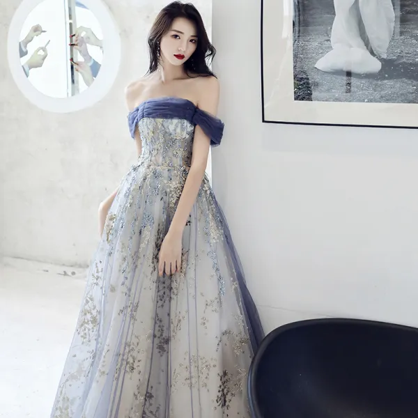 Elegant Ocean Blue Evening Dresses  2021 A-Line / Princess Off-The-Shoulder Beading Sequins Sleeveless Backless Floor-Length / Long Formal Dresses