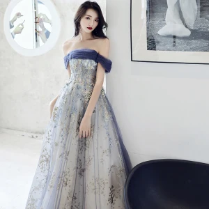 Elegantes Océano Azul Vestidos De Noche 2021 A Line Princess Fuera Del Hombro Rebordear Lentejuelas Sin Mangas Sin Espalda Largos Vestidos Formales