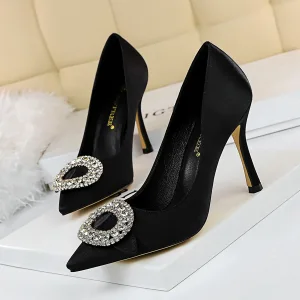 Élégant Noire Satin Promo Escarpins 2020 9 Cm Talons Aiguilles À Bout Pointu Escarpins Faux Diamant