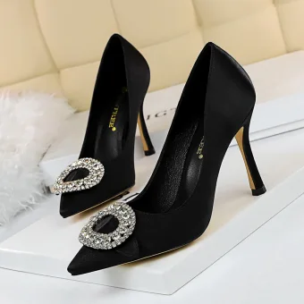 Elegant Black Satin Prom Pumps 2020 9 Cm Stiletto Heels Pointed Toe Pumps Rhinestone