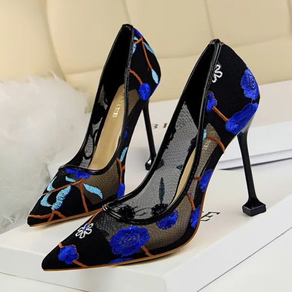 Modest / Simple Royal Blue Casual Tulle Pumps 2020 Lace See-through 10 cm Stiletto Heels Pointed Toe Pumps