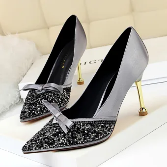 Fashion Grey Evening Party Pumps 2020 Bow Rhinestone Sequins 10 Cm Stiletto Heels Pointed Toe Pumps