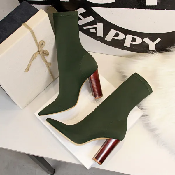 Enkel Mørk Grønn Gateklær Kvinners støvler 2020 9 cm Tykk Hæler Spisse Boots