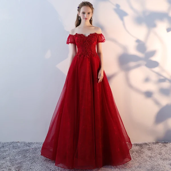 Chic / Beautiful Burgundy Prom Dresses 2018 A-Line / Princess Beading Crystal Lace Flower Off-The-Shoulder Backless Short Sleeve Floor-Length / Long