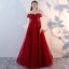 Chic / Beautiful Burgundy Prom Dresses 2018 A-Line / Princess Beading Crystal Lace Flower Off-The-Shoulder Backless Short Sleeve Floor-Length / Long Formal Dresses
