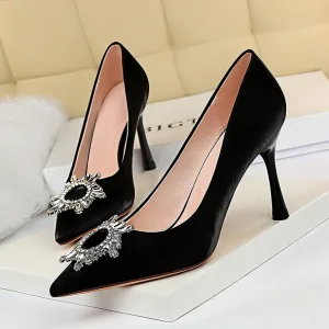 Abordable Noire Cocktail Faux Diamant Escarpins 2020 9 Cm Talons Aiguilles À Bout Pointu Escarpins
