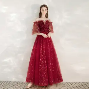 Scintillantes Bordeaux Robe De Soirée 2020 Princesse De L 039 Épaule Glitter Étoile Paillettes 1 2 Manches Dos Nu Longue Robe De Ceremonie