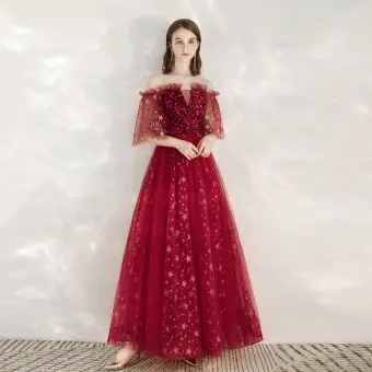 Scintillantes Bordeaux Robe De Soirée 2020 Princesse De L 039 Épaule Glitter Étoile Paillettes 1 2 Manches Dos Nu Longue Robe De Ceremonie