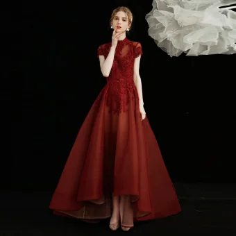 Style Chinois Bordeaux Robe De Bal 2021 Princesse Col Haut Perlage Cristal Faux Diamant En Dentelle Fleur Manches Courtes Thé Longueur Robe De Ceremonie