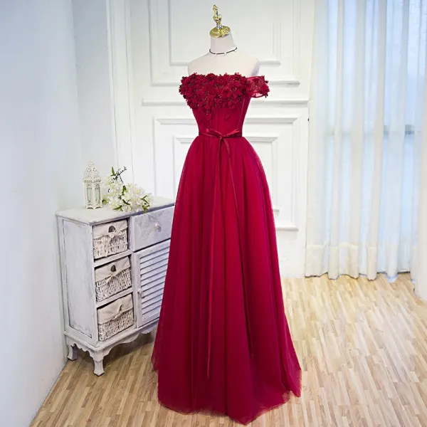 Chic / Beautiful Burgundy Prom Dresses 2018 A-Line / Princess Appliques Beading Sequins Bow Off-The-Shoulder Backless Sleeveless Floor-Length / Long Formal Dresses