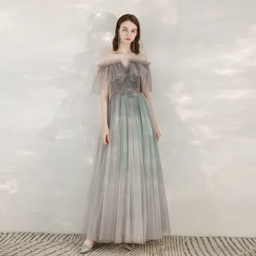 Charming Grey Glitter Evening Dresses 2020 A Line Princess Off The Shoulder Rhinestone Lace Flower Short Sleeve Backless Floor Length Long Formal Dresses