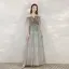 Charmant Gris Glitter Robe De Soirée 2020 Princesse De l'épaule Faux Diamant En Dentelle Fleur Manches Courtes Dos Nu Longue Robe De Ceremonie