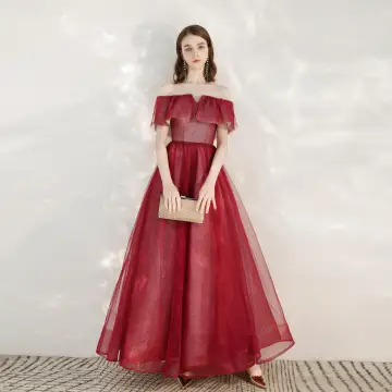Scintillantes Bordeaux Glitter Robe De Soirée 2020 Princesse De L 039 Épaule Manches Courtes Dos Nu Longue Robe De Ceremonie