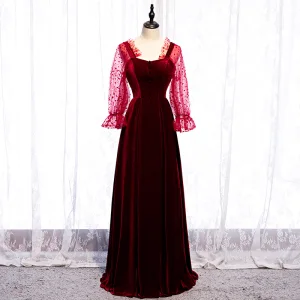 Élégant Bordeaux Robe De Bal 2020 Princesse Encolure Carrée Tachetée Daim Manches Longues Dos Nu Longue Robe De Ceremonie