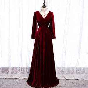 Élégant Bordeaux Robe De Soirée 2020 Princesse Daim Col Haut Paillettes Manches Longues Longue Robe De Ceremonie