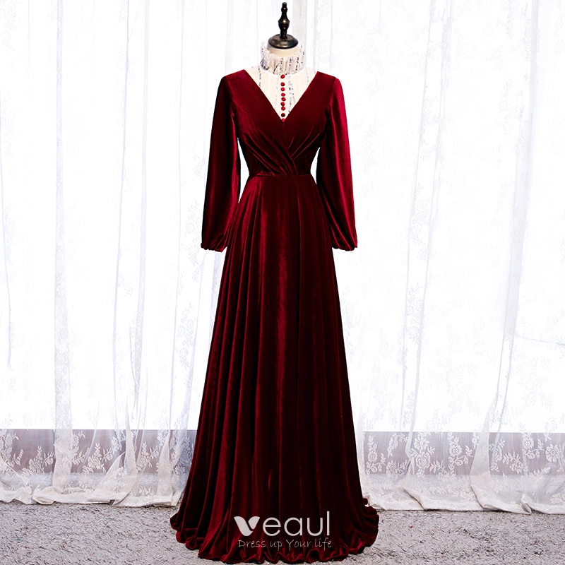 elegant maroon long dress Burgundy Velvet Round Neck Pencil Dress