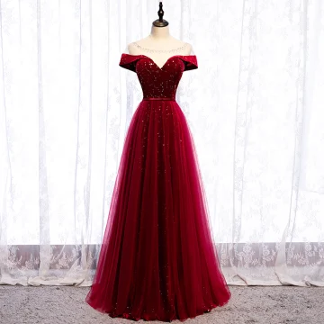 Chic Belle Bordeaux Robe De Soirée 2020 Princesse Daim Encolure Dégagée Étoile Paillettes Faux Diamant Manches Courtes Dos Nu Longue Robe De Ceremonie