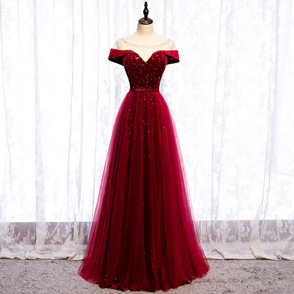 Chic / Belle Bordeaux Robe De Soirée 2020 Princesse Daim Encolure Dégagée Étoile Paillettes Faux Diamant Manches Courtes Dos Nu Longue Robe De Ceremonie