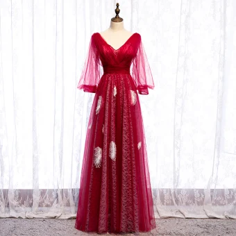 Chic Rouge Robe De Soirée 2020 Princesse V Cou Plumes Perlage Manches Longues Dos Nu Longue Robe De Ceremonie