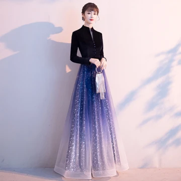 Glitter Oceaan Blauw Gradiëntkleur Sterrenhemel Avondjurken 2020 A Lijn Chinese Stijl Suede V Hals Ster Pailletten Lange Mouwen Lange Gelegenheid Jurken