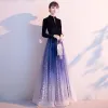 Sparkly Ocean Blue Gradient-Color Starry Sky Evening Dresses  2020 A-Line / Princess Chinese style Suede V-Neck Star Sequins Long Sleeve Floor-Length / Long Formal Dresses