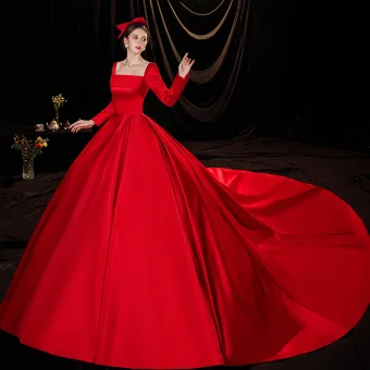 Chic Belle Rouge Satin Robe De Mariée 2021 Robe Boule Encolure Carrée Manches Longues Dos Nu Royal Train Mariage