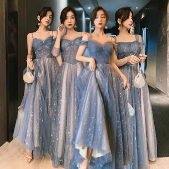 Charmant Bleu Ciel Étoile Robe Demoiselle D Honneur 2021 Princesse Bretelles Spaghetti En Dentelle Sans Manches Dos Nu Longue Demoiselle D Honneur Robe Pour Mariage