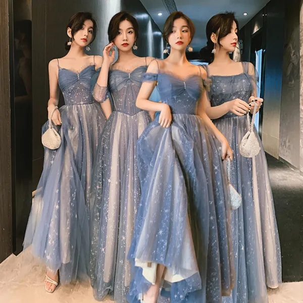Encantador Azul Cielo Estrella Vestidos De Damas De Honor 2021 A-Line / Princess Spaghetti Straps Con Encaje Sin Mangas Sin Espalda Largos La Dama De Honor Vestidos para bodas