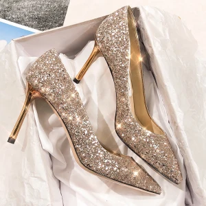 Scintillantes Doré Cuir Chaussure De Mariée 2020 Paillettes 9 Cm Talons Aiguilles À Bout Pointu Escarpins