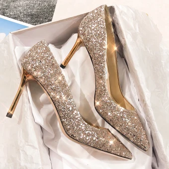 Sparkly Gold Leather Wedding Shoes 2020 Sequins 9 Cm Stiletto Heels Pointed Toe Pumps