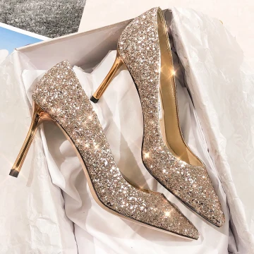 Glitter Goud Leer Bruidsschoenen 2020 Pailletten 9 Cm Naaldhakken Stiletto Spitse Neus Pumps