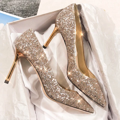 Sparkly Gold Leather Wedding Shoes 2020 Sequins 9 cm Stiletto Heels Pointed Toe Pumps