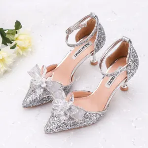 Błyszczące Srebrny Buty Ślubne 2020 Kryształ Rhinestone Cekiny Z Paskiem 6 Cm Szpilki Szpiczaste Ślub Wysokie Obcasy