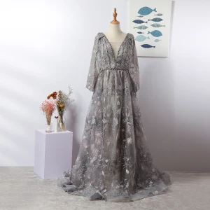 Luxury Gorgeous Grey Handmade Beading Evening Dresses 2020 A Line Princess Deep V Neck Crystal Rhinestone Lace Flower Long Sleeve Sweep Train Formal Dresses