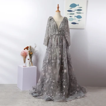 Luxe Gris Fait Main Perlage Robe De Soirée 2020 Princesse Col V Profond Cristal Faux Diamant En Dentelle Fleur Manches Longues Train De Balayage Robe De Ceremonie