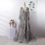 Luxe Gris Fait main Perlage Robe De Soirée 2020 Princesse Col v profond Cristal Faux Diamant En Dentelle Fleur Manches Longues Train De Balayage Robe De Ceremonie