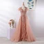 Luxury / Gorgeous Pearl Pink Evening Dresses  2020 A-Line / Princess U-Neck Tassel Handmade  Beading Rhinestone Lace Flower Sleeveless Sweep Train Formal Dresses