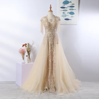 Luxury Gorgeous Elegant Beige Handmade Evening Dresses 2020 A Line Princess U Neck Beading Tassel Crystal Rhinestone Lace Flower Sleeveless Backless Sweep Train Formal Dresses