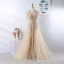 Luxe Élégant Beige Fait main Robe De Soirée 2020 Princesse U-Cou Perlage Gland Cristal Faux Diamant En Dentelle Fleur Sans Manches Dos Nu Train De Balayage Robe De Ceremonie
