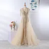 Luxury / Gorgeous Elegant Beige Handmade  Evening Dresses  2020 A-Line / Princess U-Neck Beading Tassel Crystal Rhinestone Lace Flower Sleeveless Backless Sweep Train Formal Dresses