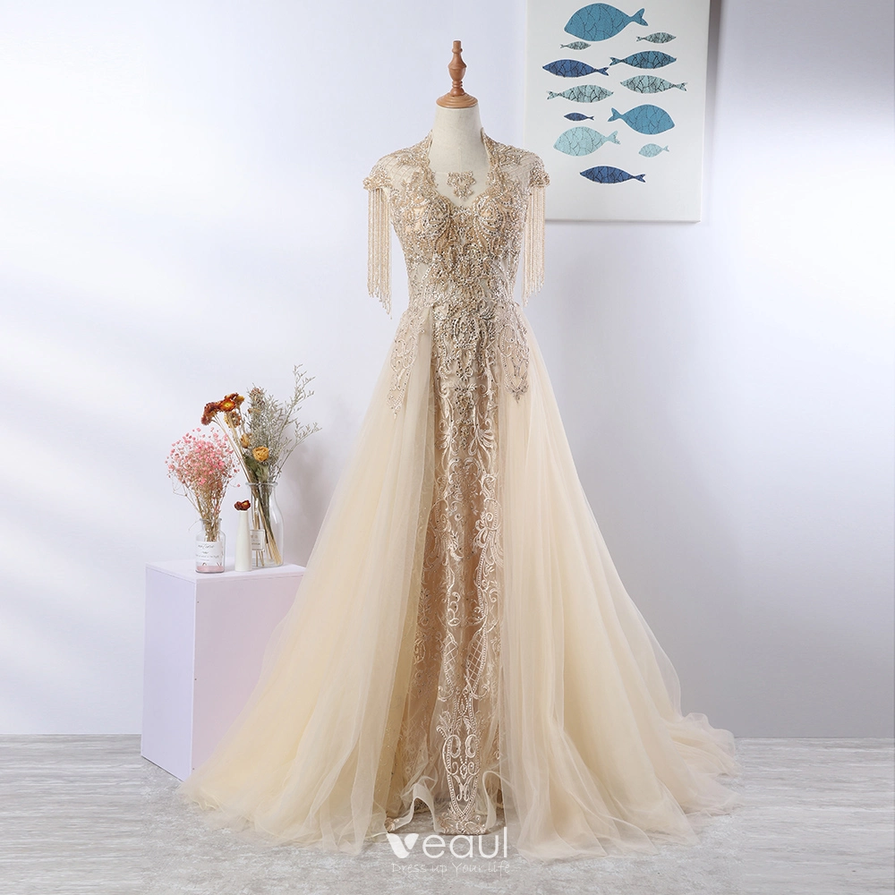 Luxury / Gorgeous Elegant Beige Handmade Evening Dresses 2020 A-Line / Princess U-Neck Beading Tassel Crystal Rhinestone Lace Flower Sleeveless